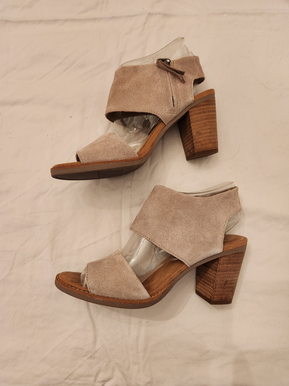 Toms Suede Open-Toe Block Heel Sandals in Light Taupe